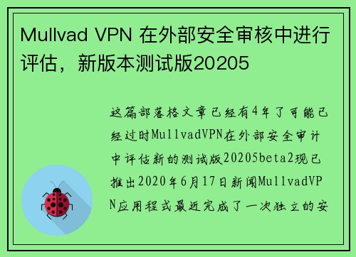 Mullvad VPN 在外部安全审核中进行评估，新版本测试版20205